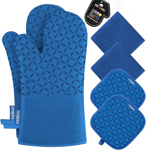 KEGOUU Oven Mitts and Pot Holders 6pcs Set, Kitchen Oven Glove High Heat Resistant 500 Degree Extra Long Oven Mitts and Potholder with Non-Slip Silicone Surface for Cooking (Royal Blue)