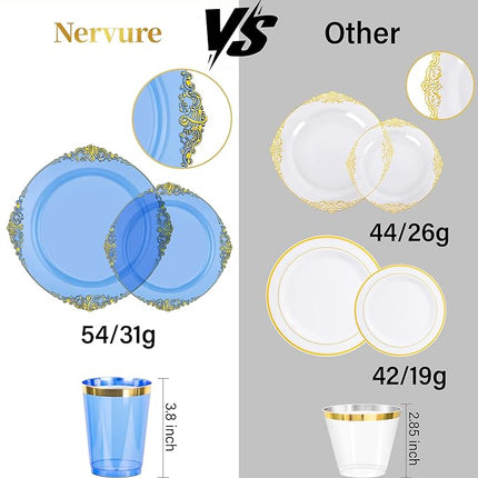 Nervure 350PCS Blue Plastic Plates - Blue Plastic Dinnerware Sets for 50 Guests - 100 Disposable Plates, 150 Gold Silverware, 50 Cups, 50 Napkins for Wedding & Party & Thanksgiving Day
