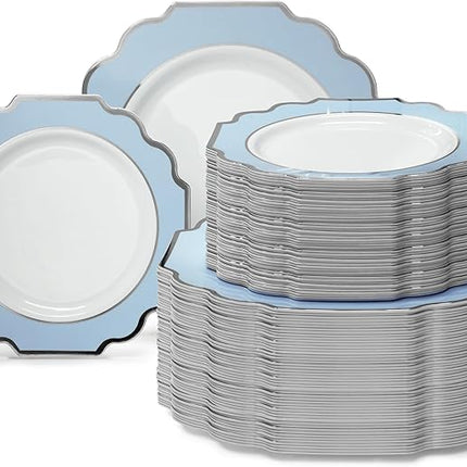 " OCCASIONS " 120 Plates Pack,(60 Guests) Heavyweight Premium Wedding Party Disposable Plastic Plates Set -60 x 10.5'' Dinner + 60 x 8'' Salad/Dessert (Imperial in White/Blue & Silver)
