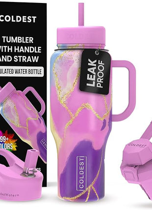 Coldest Tumbler with Handle and Straw - 100% Leak Proof Insulated Tumbler with Lid and Straw (3 Lids) - Stainless Steel Tumblers for Women & Men - Cup Holder Friendly Base, 36 oz (Princess Luna)