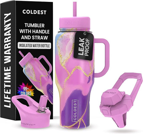 Coldest Tumbler with Handle and Straw - 100% Leak Proof Insulated Tumbler with Lid and Straw (3 Lids) - Stainless Steel Tumblers for Women & Men - Cup Holder Friendly Base, 36 oz (Princess Luna)