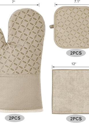 KEGOUU Oven Mitts and Pot Holders 6pcs Set, Kitchen Oven Glove High Heat Resistant 500 Degree Extra Long Oven Mitts and Potholder with Non-Slip Silicone Surface for Cooking (Almond)