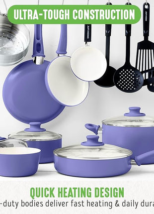GreenLife 16 Piece Nonstick Cookware Set, Soft Grip Non-Toxic PFAS-Free Ceramic Pots & Pans, Dishwasher & Oven Safe, Frying, Sauce, Utensils, Glass Lids, Stay-Cool Handles, Wobble Free, Periwinkle