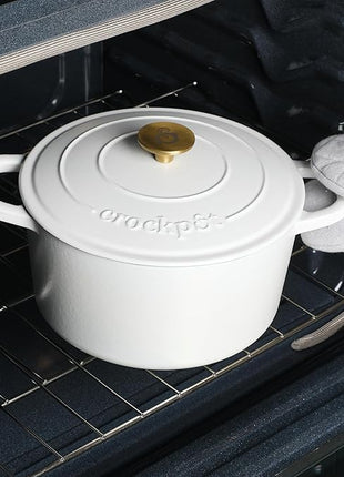 Crock-Pot Artisan 5-Quart Round Dutch Oven – Matte Linen White with Gold Knob, Enameled Cast Iron Cookware