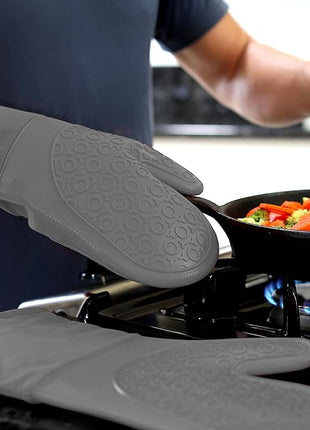 BPA-Free Soft Silicone Oven Mitts - Ultra Heat Resistant Oven Mitts with Thick Cotton Liner - Long Slip Resistant Pot Holders, Flexible Oven Gloves - Gray 13.7"