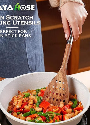 Wooden Spoons for Cooking with Utensils Holder, 10-Pieces Wooden Utensil Set Non-Stick, Natural Teak Cookware Wooden Cooking Spurtle Set, with Stainless Steel Handle