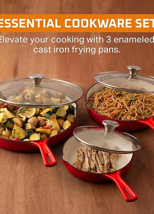 Bruntmor Set of 3 Enameled Cast Iron Skillets - Includes 8, 10, and 12 Inch Cast Iron Pan with Ceramic Nonstick Coating and Tempered Glass Lid - Durable Cookware for Frying, Baking, and Grilling - Red