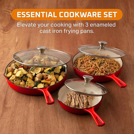 Bruntmor Set of 3 Enameled Cast Iron Skillets - Includes 8, 10, and 12 Inch Cast Iron Pan with Ceramic Nonstick Coating and Tempered Glass Lid - Durable Cookware for Frying, Baking, and Grilling - Red