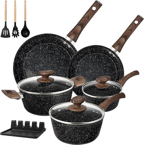 Pots and Pans Set Non Stick, 12pcs Black Ceramic Cookware Set, Non-toxic Induction Cookware Kitchen Cooking Set, PFAS and PFOA Free