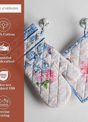 Maison d' Hermine 100% Cotton Oven Mitt & Pot Holder Set (7.5"x13" & 8"x8") Heat Resistant BBQ Cooking Gloves with Loop, Baking, Grilling, Kitchen, Handling Hot Pans Spring/Summer (Canton)