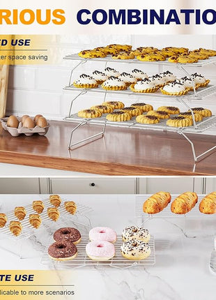 3 Tier Stackable Cooling Rack for Batch Cooling Cookie, Pizza, Cake-15.8”x 10”- Heavy Duty Cooling Racks for Cooking and Baking, Oven and Dishwasher Safe Baking Supplies-Silver