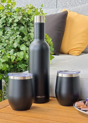 CHILLOUT LIFE 12 oz Stainless Steel Wine Tumblers 2 Pack & 1 Insulated Wine Bottle - Double Wall Vacuum Insulated Wine Glasses Cups with Lids and Straws Set Keeping Cold & Hot Gift Set