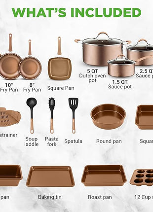 Nutrichef 20 Piece Professional Home Kitchen Cookware and Bakeware, Pots and Pans Set Non Stick Kitchenware, Cool-Touch Handles, Non Toxic, Safe for Gas, Electric, Induction Cooktops, Easy Clean