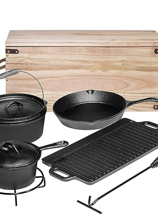 Bruntmor Camping Cooking Set of 7. Pre Seasoned Cast Iron Pots and Pans Dutch Oven with Lids for Outdoor Comefire. Grill Cookware Skillet Sets with Storage Box