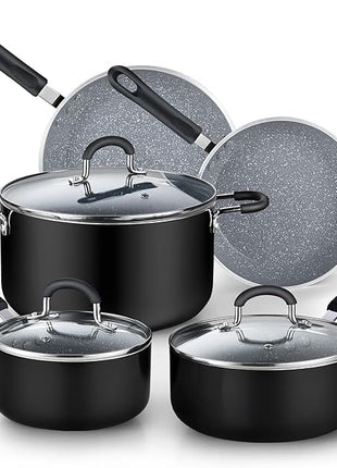 Cook N Home Pots and Pans Nonstick Kitchen Cookware Sets include Saucepan Frying Pan Stockpots 8-Piece, Heavy Gauge, Stay Cool Handle, Marble
