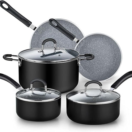 Cook N Home Pots and Pans Nonstick Kitchen Cookware Sets include Saucepan Frying Pan Stockpots 8-Piece, Heavy Gauge, Stay Cool Handle, Marble