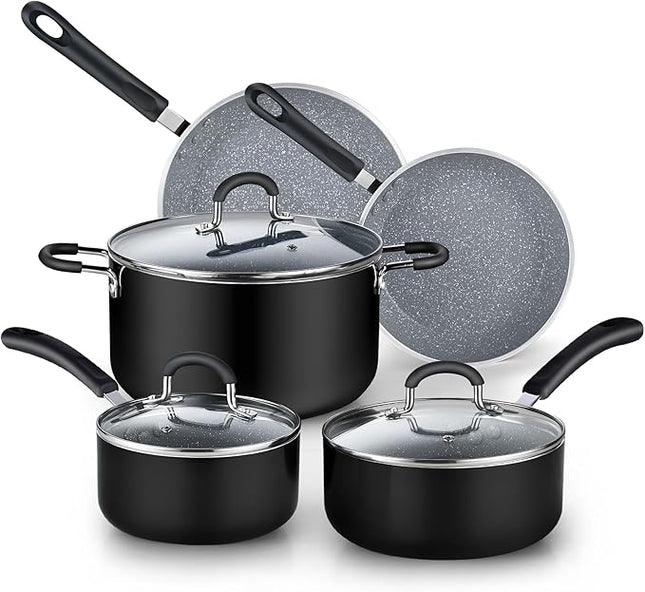 Cook N Home Pots and Pans Nonstick Kitchen Cookware Sets include Saucepan Frying Pan Stockpots 8-Piece, Heavy Gauge, Stay Cool Handle, Marble