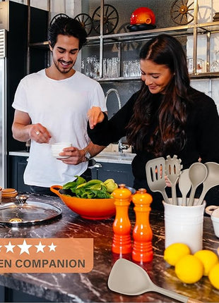 Silicone Cooking Utensils Set, Heat Resistance Large Kitchen Utensils Set with Long Wooden Handle, BPA-free Silicone Spatula, 6 Pcs Cooking Spoons for Non Stick Frying Pans and Pots(Khaki）