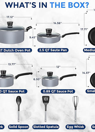 SereneLife Kitchenware Pots & Pans Basic Kitchen Cookware, Black Non-Stick Coating Inside, Heat Resistang Lacquer (11 Piece set), One Size, Gray