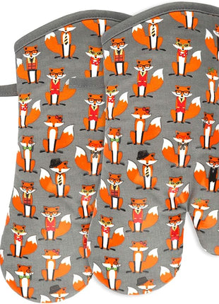 Oven Mitts Gloves 1 Pair Heat Resistant 480 ℉ Non Slip Clear Silicone Printed Fox Comfortable Cotton Lining Kitchen Women Men Cooking Baking Barbecue Machine Washable (Fox, Gray Mittens)
