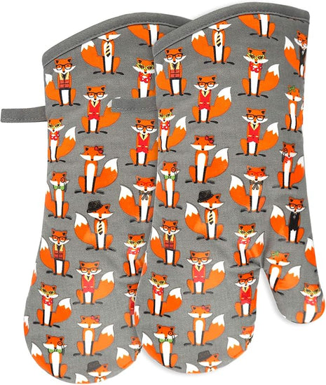 Oven Mitts Gloves 1 Pair Heat Resistant 480 ℉ Non Slip Clear Silicone Printed Fox Comfortable Cotton Lining Kitchen Women Men Cooking Baking Barbecue Machine Washable (Fox, Gray Mittens)