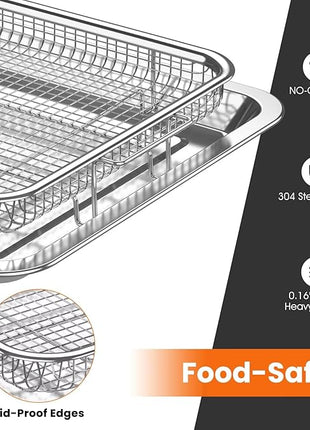 Air Fryer Basket for Oven, 2 Set Stainless Steel Pan & Crisper Tray (15"x11" &12.8"x9.7") with 60 Parchment Papers, Family-Size Non-Stick Oven Basket for Baking Chicken, Fries, Dishwasher Safe
