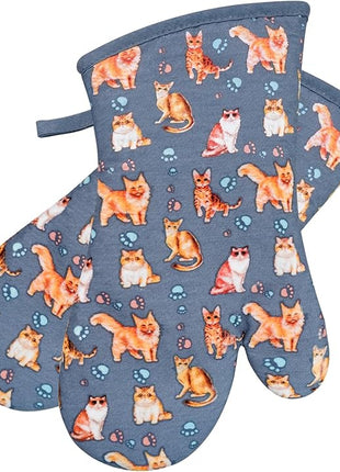 Oven Mitts Gloves 1 Pair Heat Resistant 480 ℉ Non Slip Clear Silicone Printed Cat Comfortable Cotton Lining Kitchen Men Cooking Barbecue Machine Washable (Cat, Blue Mitts)