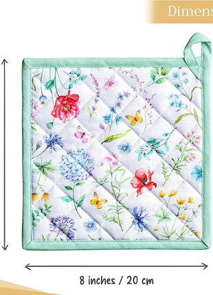 Maison d' Hermine Pot Holders 100% Cotton Heat Resistant Potholders 8" x 8" Hot Pads with Loop BBQ, Cooking, Baking, Grilling, Kitchen, Handling Hot Pans Spring/Summer (Pack of 1, Just Floral)