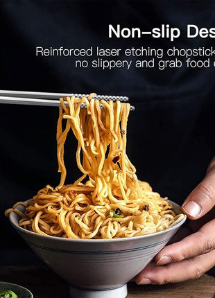 Metal Chopsticks Reusable 18/8 Stainless Steel Chopsticks Multipack Dishwasher Safe Chop Sticks Cute Laser Engraved Non-slip Japanese Korean Chopstick for Cooking Eating 9 1/4 Inches 5 Pairs Gift Set