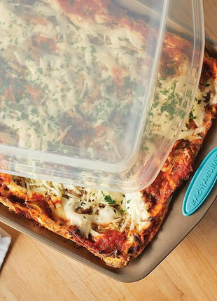 Rachael Ray 47578 Cucina Nonstick Bakeware Set with Grips Includes Nonstick Bread Pan, Baking Sheet, Cookie Sheet, Baking Pans, Cake Pan and Muffin Pan - 10 Piece, Latte Brown with Agave Blue Grips