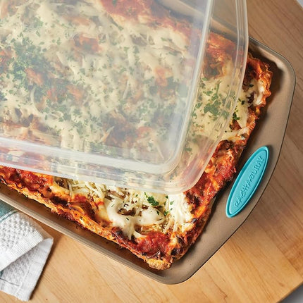 Rachael Ray 47578 Cucina Nonstick Bakeware Set with Grips Includes Nonstick Bread Pan, Baking Sheet, Cookie Sheet, Baking Pans, Cake Pan and Muffin Pan - 10 Piece, Latte Brown with Agave Blue Grips