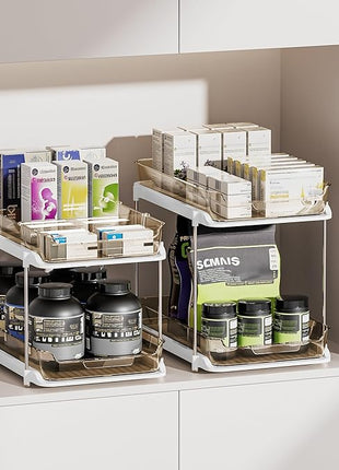 Delamu 2-Tier Multi-Purpose Bathroom Under Sink Organizers and Storage, Stackable Kitchen Pantry Organization, Pull Out Medicine Cabinet Organizer with Movable Dividers, Amber, 2 Pack