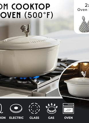 MUELLER HOME 5.5 Quart Enameled Cast Iron Oval Dutch Oven with Rooster Knob & Cotton Potholders, Heavy-Duty Cookware, Oven-Safe up to 500° F & Across All Cooktops, Gifts for Grandma & Women, White