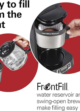 Hamilton Beach 5 Cup Drip Coffee Maker with Easy FrontFill Basket, Compact Design, Programmable Clock, Glass Carafe, Auto Pause and Pour, Black & Stainless Steel (46111)