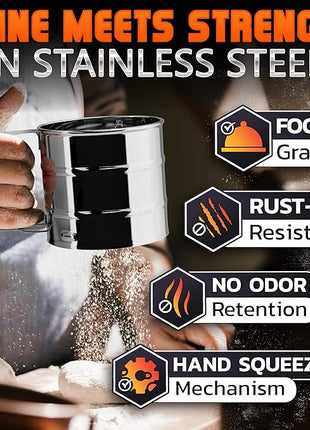 Flour Sifter for Baking – 3 Cup Flour Sifter Stainless Steel with Dual-Blade, Ergonomic Handle, Reinforced Base, Rust-Resistant and Easy to Wash – For Powdered Sugar, Cocoa, and Daily Baking Tasks