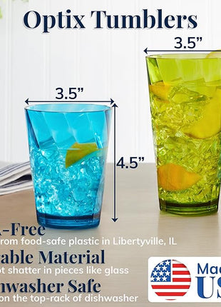 US Acrylic Optix Plastic Reusable Drinking Glasses (Set of 16) 14oz Rocks & 20oz Water Cups in Jewel Tone Colors | BPA-Free Tumblers, Made in USA | Top-Rack Dishwasher Safe