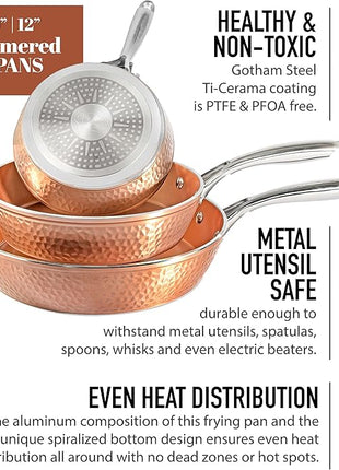 Gotham Steel Hammered Frying Pan Set, 3 Piece Nonstick Copper Fry Pans, 8”, 10” & 12” Skillet, Omelet Pan, Cookware, PFOA Free, Dishwasher Safe, Cool Touch Handle