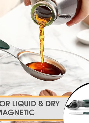 Spring Chef Stainless Steel Magnetic Measuring Spoons Set of 8 with Leveler, Stackable Magnetic Teaspoon & Tablespoon Set, Metal Kitchen Gadgets for Baking & Cooking, Fits in Spice Jars - Pine Green