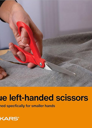 Fiskars Petite Left Handed Scissors, Crafting and Sewing Stainless Steel Scissors for Smaller Hands, Ergonomic Handle, Paper and Fabric Supplies for Office, Arts, and Crafts, Red