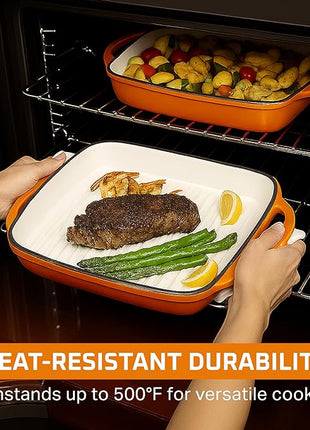 Bruntmor 11-Inch Enameled Cast Iron Cookware - 2-in-1 Square Cast Iron Casserole Dish with Lid and Dual Handles for Baking, Braising, and Roasting - Durable, Nonstick Skillet Dutch Oven, Pumpkin Spice