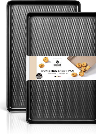 HONGBAKE 2 Pack Jelly Roll Pan Set 15x10, Cookie Sheets for Baking with Diamond Texture, Baking Sheets Non Stick, Non Toxic Oven Trays for Cooking, Heavy Duty 57% Thicker Carbon Steel, Dark Gray