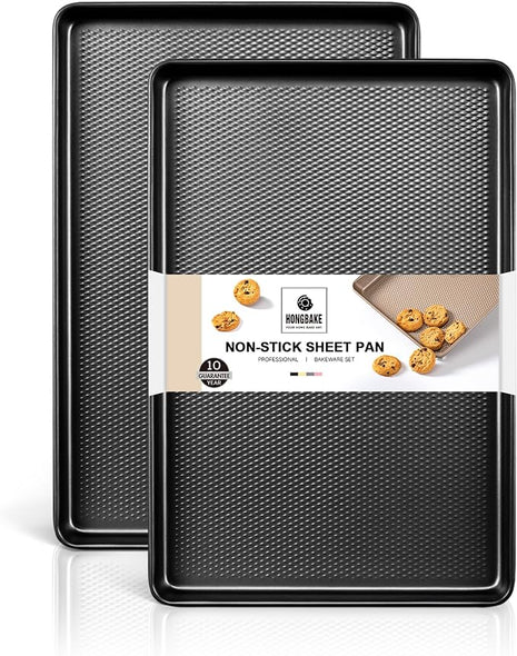 HONGBAKE 2 Pack Jelly Roll Pan Set 15x10, Cookie Sheets for Baking with Diamond Texture, Baking Sheets Non Stick, Non Toxic Oven Trays for Cooking, Heavy Duty 57% Thicker Carbon Steel, Dark Gray