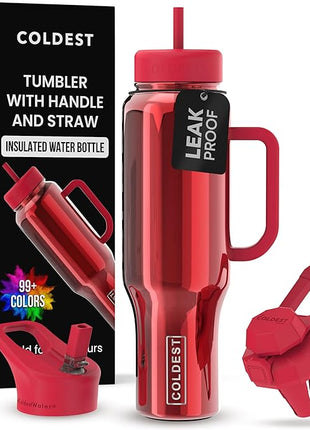Coldest Tumbler with Handle and Straw, 100% Spill Proof Tumbler with Straw (3 Lids), Stainless Steel Insulated Leakproof Tumblers for Women Men, Cup Holder Friendly, 46 oz (Raspberry Reflections)