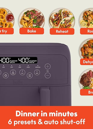 bella 4 Qt TriZone Air Fryer, EverGood™ Ceramic Nonstick Coating, Dual Basket Design w Removable Divider, Digital Touchscreen Control w 6 Preset Cooking Options, 1200 Watt, 3lb Capacity, Plum