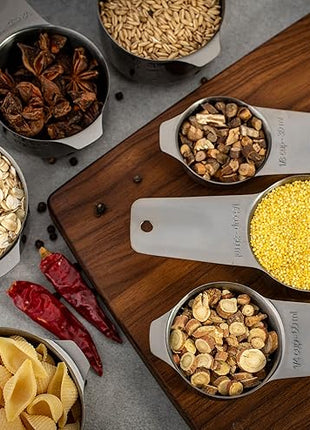 Set of 7 Heavy Duty Measuring Cups, 18/8 Stainless Steel with Ring Connector, Dark Grey