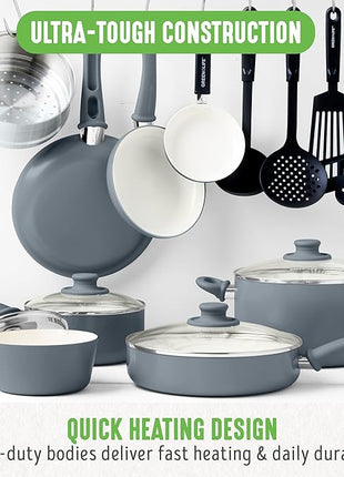 GreenLife 16 Piece Nonstick Cookware Set, Soft Grip Non-Toxic PFAS-Free Ceramic Pots & Pans, Dishwasher & Oven Safe, Frying, Sauce, Saute, Utensils, Glass Lids, Stay-Cool Handles, Wobble Free, Gray