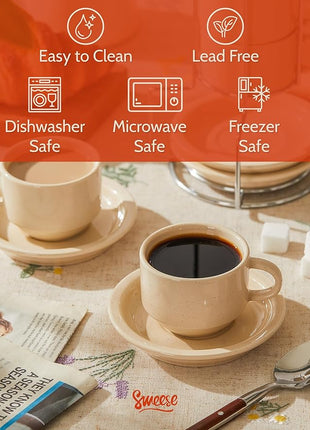 Sweese Porcelain Espresso Cups Set, 2.5 oz, Stackable with Saucers Metal Stand, Beige, 4 Pack