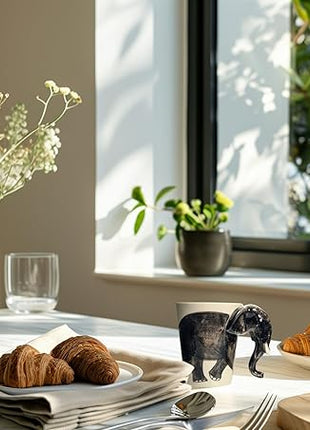 IYARA CRAFT 3D Elephant Coffee Mug 11oz - Handle is Sculpted Trunk, Cute Wildlife Design, Quality Ceramic, Microwave & Dishwasher Safe, Ideal for Tea & Hot Chocolate, 4.5" x 5"… (Black trunk down)