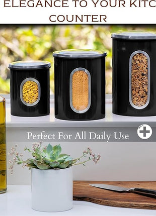 Moss & Stone 3-Piece Black Canisters Sets For The Kitchen, Airtight Canister Set With See Through Window, Storage Jars for Coffee Container, Tea Organizer & Sugar Canister, Black Kitchen Canisters