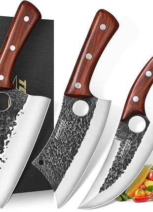 3PCS Butcher Knife Set, Hand Forged Serbian Chef Knives & Meat Cleaver & Viking Knives, Meat Cutting Kitchen Knife Set for Home, Outdoor Cooking, Camping BBQ Gift Idea Men